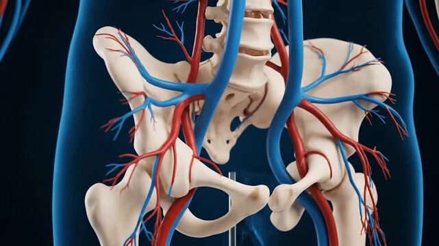 Hip bone structure with red arteries and blue veins on blue background