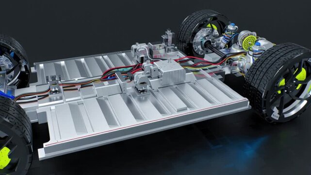 4K electric vehicle skateboard chassis animation revealing battery pack motors suspension and drivetrain layout, showcasing EV engineering innovation future mobility clean energy technology