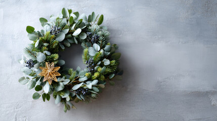 Decorative Christmas wreath made of eucalyptus leaves, pine branches, and berries with a golden star ornament on a textured gray background