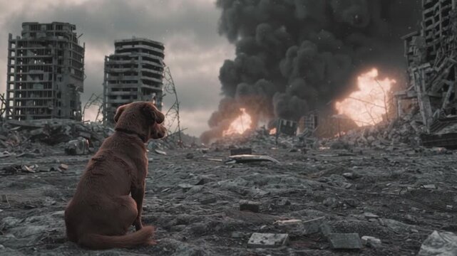 Lonely dog sitting in silent war torn ruins watching burning city destruction, dramatic apocalypse scene with collapsing buildings, heavy smoke clouds and abandoned urban devastation atmosphere expres