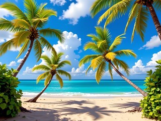 Tropical Beach Scene with Palm Trees and Turquoise Ocean