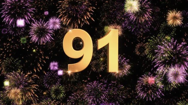 Number 91 surrounded by fireworks. Festive video for birthday or anniversary party
