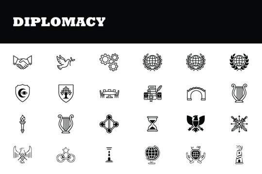 Elegant diplomacy icons symbolizing global connections, peace talks, and government affairs for professional presentations and business communications campaigns