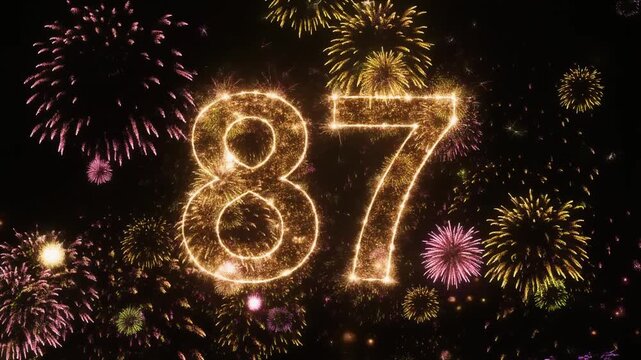 Number 87 surrounded by fireworks. Festive video for birthday or anniversary party