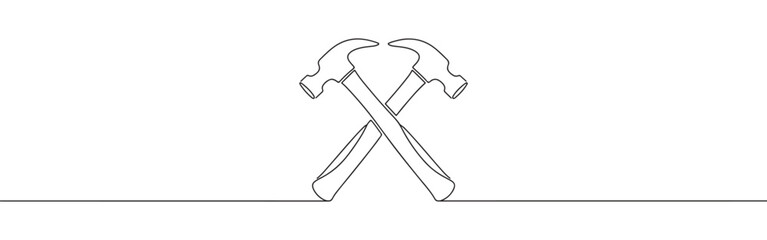 A continuous one-line drawing of two crossed hammers, symbolizing construction, teamwork, and hard work