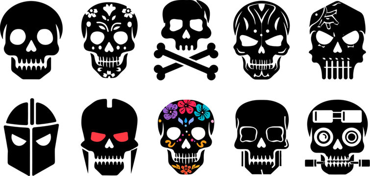 Collection of skull vector designs for halloween and day of the dead celebrations graphic design elements vector silhouette set, silhouette illustration.
