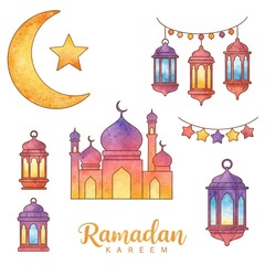 Fototapeta premium Colorful set of watercolor Ramadan lanterns and mosque design elements stickers