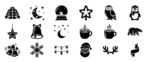 Naklejka premium Collection of winter and christmas icons: snowflake, santa, owl, penguin, bells, moon, antlers