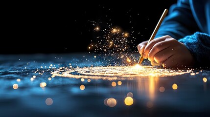 A person's hand is shown drawing with a pencil, creating a circular pattern of bright sparks and light trails on a dark, reflective surface.