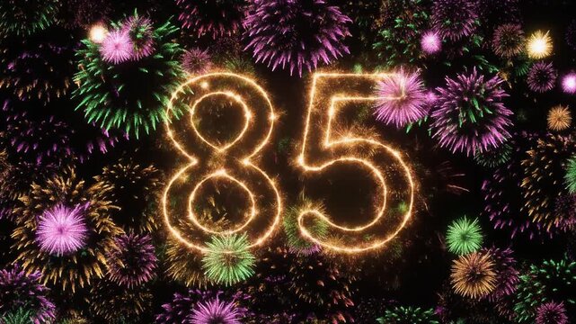 Number 85 surrounded by fireworks. Festive video for birthday or anniversary party