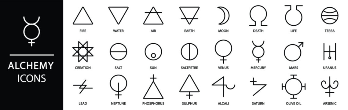 Alchemy symbols and elements icons set for modern design, spiritual concepts, and esoteric branding needs