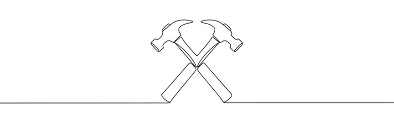 A continuous one-line drawing of two crossed hammers, symbolizing construction, teamwork, and hard work