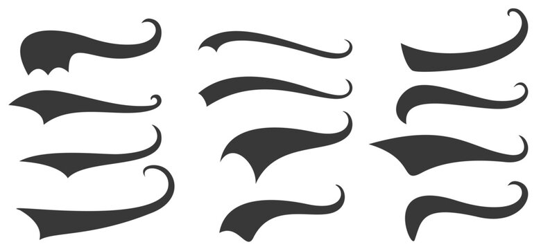 Baseball swoosh and swash tails set. Sports swash shapes, text underlines for baseball design. Kit of font elements in retro style for athletics, baseball. Swirl stroke swish underline shape Vector