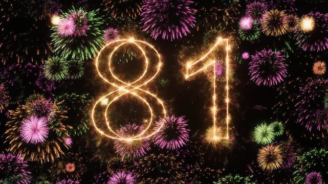 Number 81 surrounded by fireworks. Festive video for birthday or anniversary party