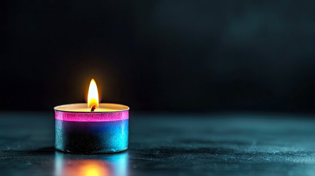 A single, colorful tea light candle burns brightly in the darkness, casting a warm glow on a textured surface. - Powered by Adobe