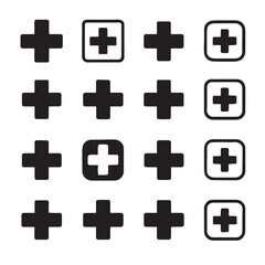 Obraz premium Silhouette of a hospital cross medical icon, white background set of 16