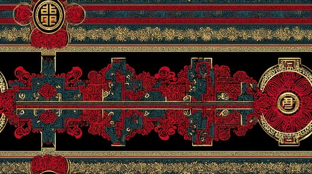 Intricate pattern of floral elements and circles in gold, red, and teal on a black background