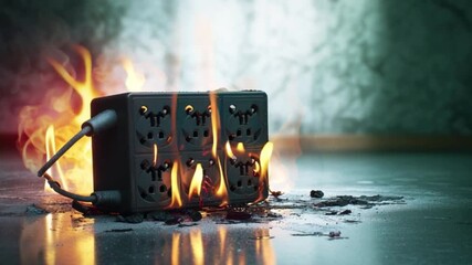 Electrical extension board overheating and catching fire on reflective floor surface, dramatic dangerous flame outbreak caused by power overload and faulty wiring, vivid safety hazard scene highlighti