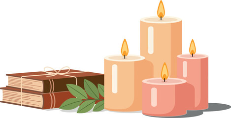 Cozy Still Life with Candles and Books Illustration, Aromatic Ambiance and Warm Tones, Perfect for Relaxation