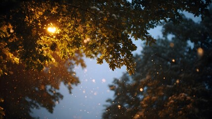 Warm street light illuminates falling snow amidst tree branches at dusk