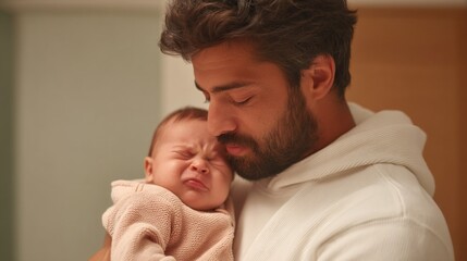 In a cozy room, a father gently holds his fussy baby, offering comfort and care. The baby shows signs of distress while the father’s soothing presence provides warmth and support