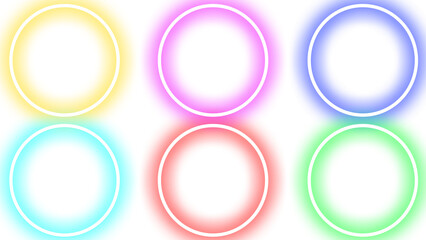 hande made Six vibrant, glowing neon circles in a 2x3 grid, each a distinct color yellow, pink, blue, cyan, red, and green against a white background
