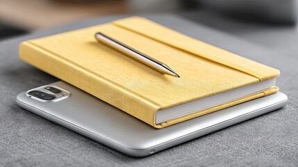 Yellow textured notebook with iPad and pencil on grey modern desk flat lay workspace background for creative planning digital note taking and minimalist office design