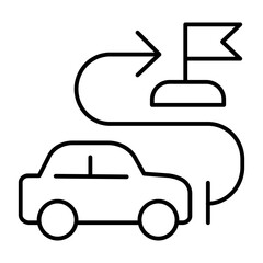 Car vehicle and destination flag thin line icon, driving school concept. Vector graphics. Route with location pointer and car sign on white background, style icon mobile or web design.