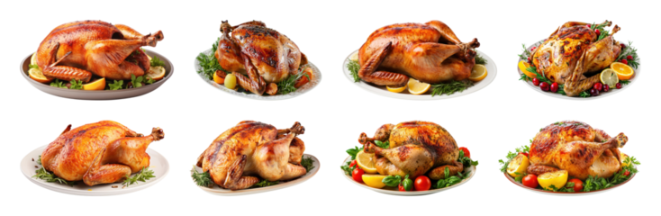 PNG Delicious roasted chicken platters, element set on transparent background