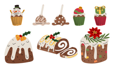 collection of festive Christmas desserts, including pudding, cake, roll, candy, and decorated cupcakes. An ideal graphic set for festive menus, bakery designs, gift labels, and seasonal decor