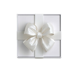 White box tied with a satin ribbon bow, overhead view