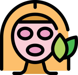 Blonde woman wearing a pink cosmetic facial mask with green leaves, enjoying a natural beauty treatment