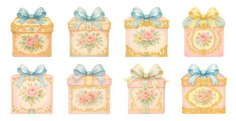 PNG Vintage floral gift boxes illustration, element set on transparent background