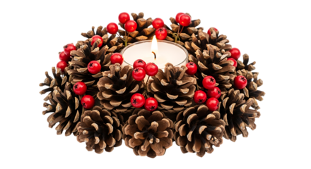 Festive pinecone candle holder with red berries and glowing candle isolated on transparent background