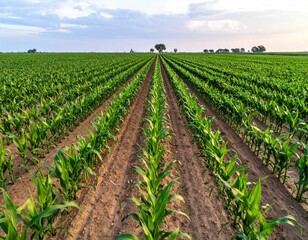 Rows of Young Corn Plants in a Field Under a Cloudy Sky.