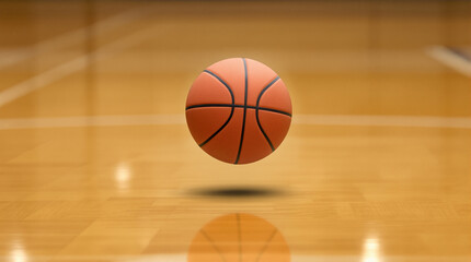 Basketball on Court: The image shows a basketball resting on a court, representing the heart of the game and evoking a sense of anticipation and focus. The ball is captured against the wooden surface.