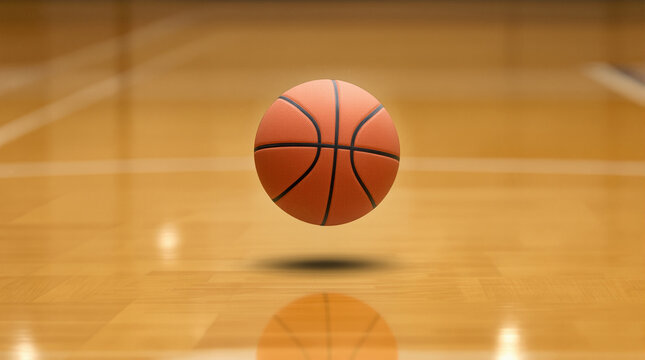 Basketball on Court: The image shows a basketball resting on a court, representing the heart of the game and evoking a sense of anticipation and focus. The ball is captured against the wooden surface.