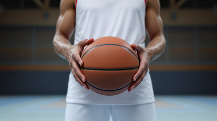 Ready for the Game: A focused basketball player, clad in a crisp white uniform, firmly grips the ball, exuding an air of readiness in the arena.
