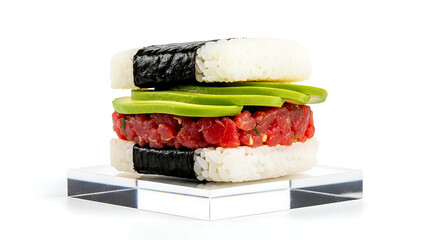 a modern sushi burger - rice buns with nori wrapping, containing tuna tartare and avocado, on a sleek acrylic stand 
