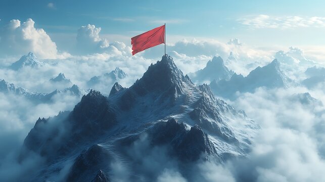 A red flag on a mountain peak surrounded by clouds and other mountains in the distance view shot - Powered by Adobe