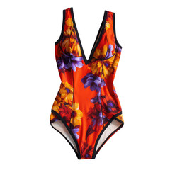 Floral one-piece swimsuit; red, yellow, purple blooms on fabric