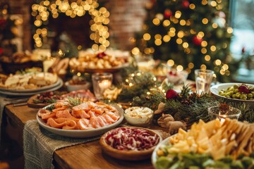 Christmas table set for holiday feast dinner
