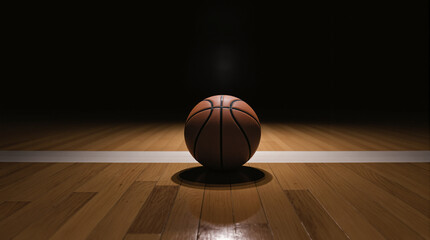 Basketball on Court: The image shows a basketball resting serenely on the court, with the focus on its texture, the details of its construction, and the surrounding scene.