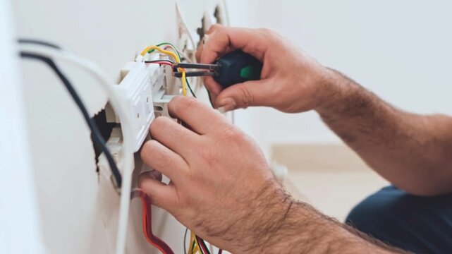 Close up view Electrician installing electrical wiring inside wall socket box, professional hands using screwdriver for home electricity repair, power connection maintenance work, residential electric