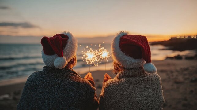 Couple celebrating christmas holiday on beach at sunset - Powered by Adobe