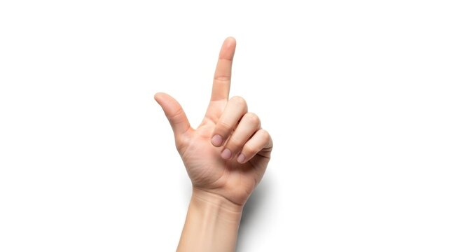 Close-up of a human hand with its index finger pointing upwards and thumb extended. Isolated on a clean white background, ideal for conveying direction or selection.