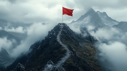 A red flag waving atop a mountain peak with a winding path and surrounding clouds and other mountains
