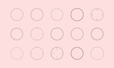 Minimalistic round analog dashed lines, stripes timer icon. Dotted watch, speed measure optical frame, meter scale line vector logo, sign template