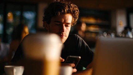 Young man focused on phone in cozy cafe during morning light