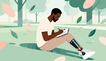 Black man sitting on grass and writing in notebook in park  